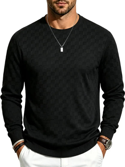 Men's Classic Plaid Knit Pullover with Textured Grid Pattern & Long Sleeves