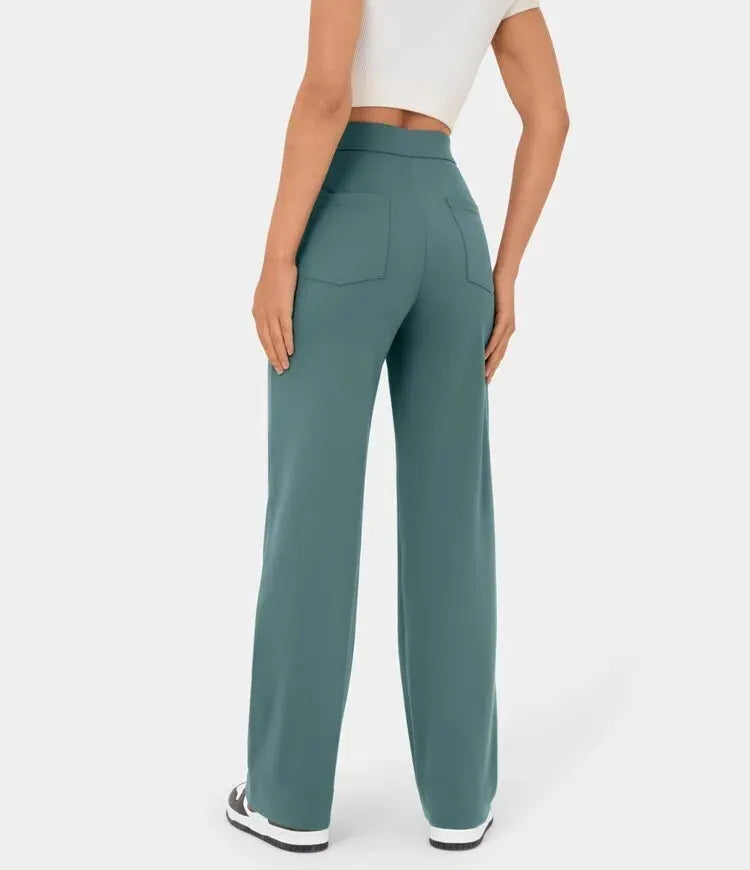 High Waisted Button Multiple Pockets Straight Leg Casual Pants