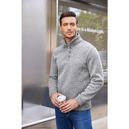 Men's Quarter Button Henley Sweater Casual Knitted Sweatshirt Mock Neck Thermal Fleece Pullover Sweater with Pocket