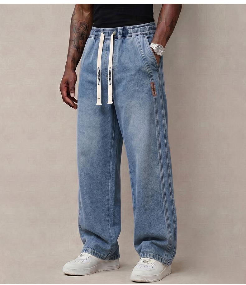 Men's Stretch 100% Cotton Loose Fit Jeans with Elastic Drawstring Waist