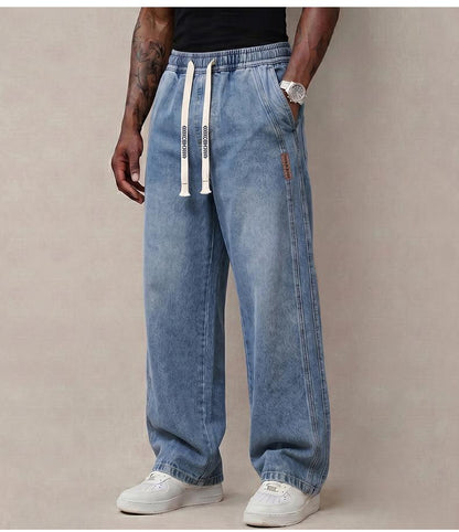 Men's Stretch 100% Cotton Loose Fit Jeans with Elastic Drawstring Waist