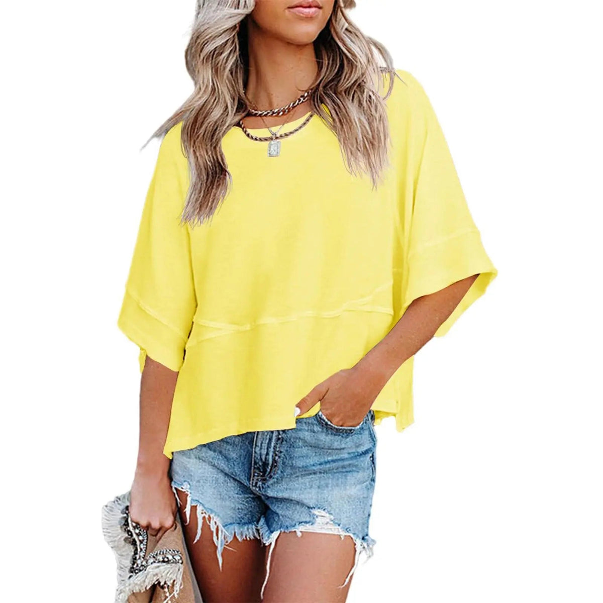 【LAST DAY SALE】Women's Casual Batwing Half Sleeve Crewneck Tee – Loose Fit Flowy Summer Top