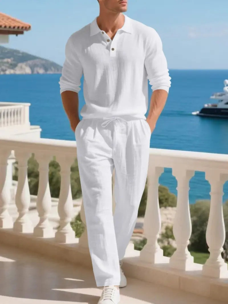 Men's Natural Linen Casual Set, Polo Neck Shirt & Loose Long Pants