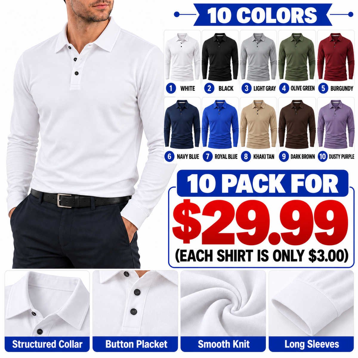 Men's Long Sleeve Collared T-Shirt