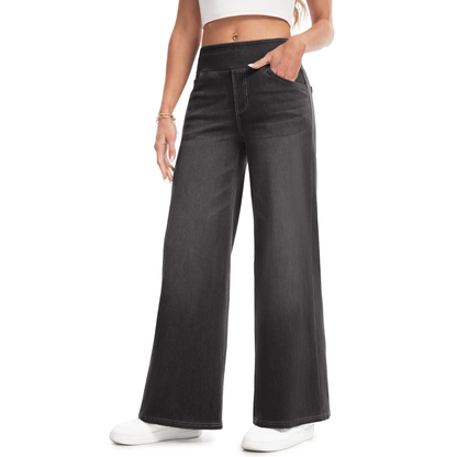 Women's Wide Leg Stretchy Jeans – Elastic High Waist Pull On Baggy Tummy Control Trousers for Casual Work Wear