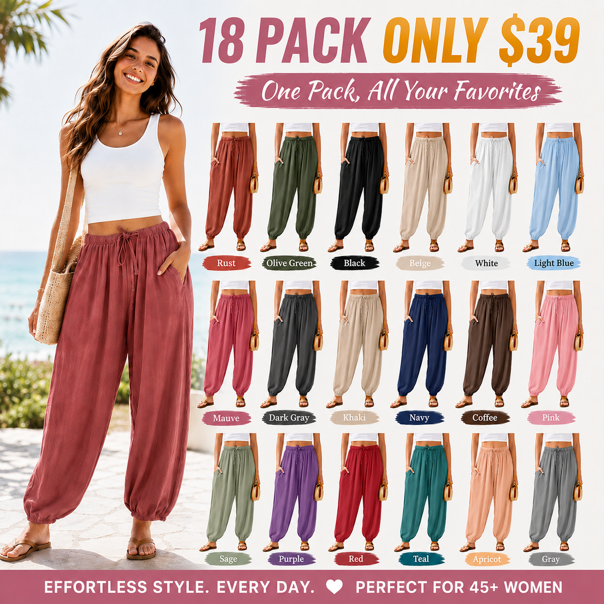Women's Linen Wide Leg Pants Casual Loose Drawstring Low Waist with Pockets