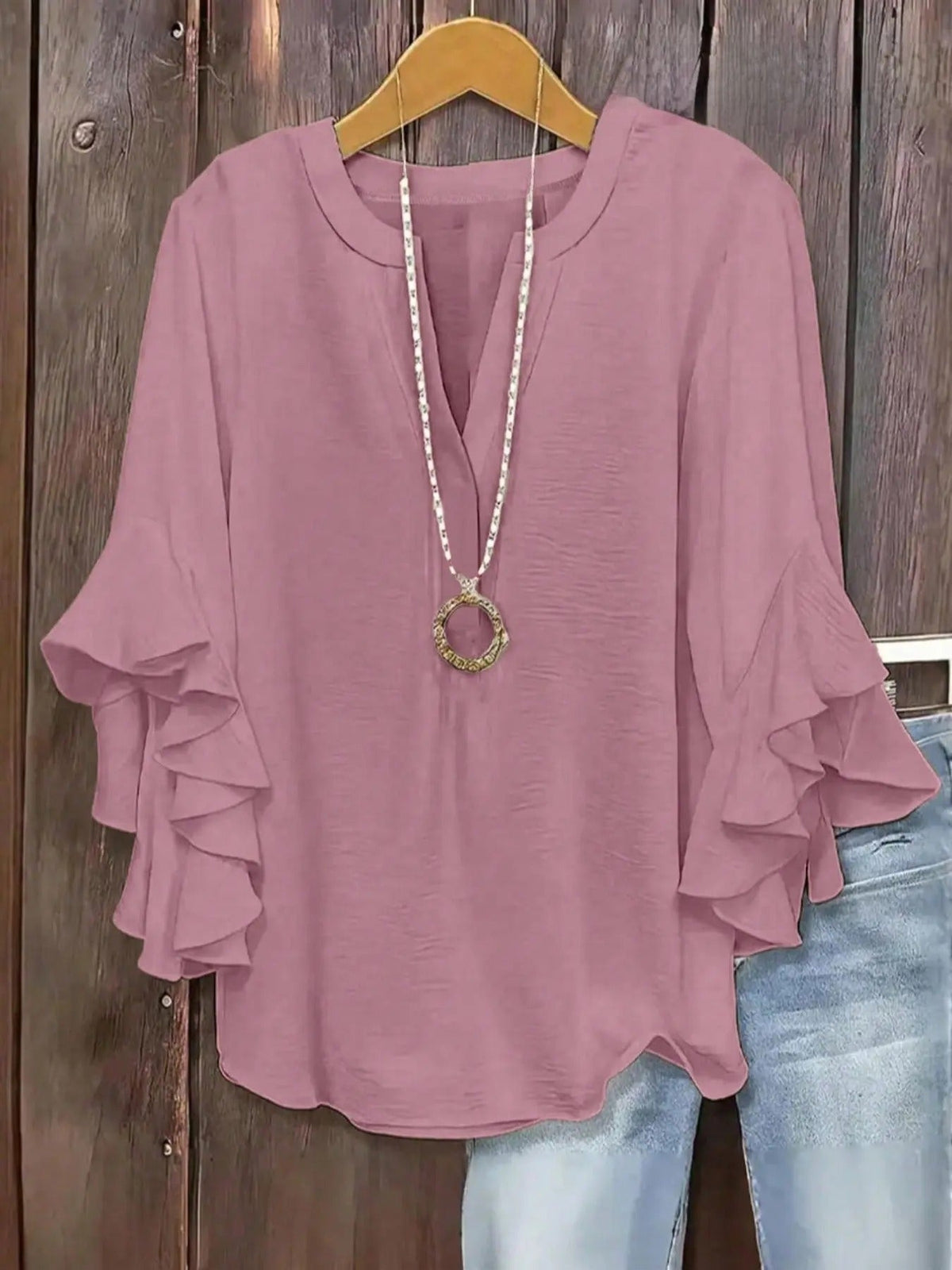 Plus Size Women's Ruffled Sleeve V-Neck Shirt Blouse Tops, Elegant Floral Design