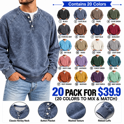 Distressed Washed Cotton Henley Long Sleeve Shirts