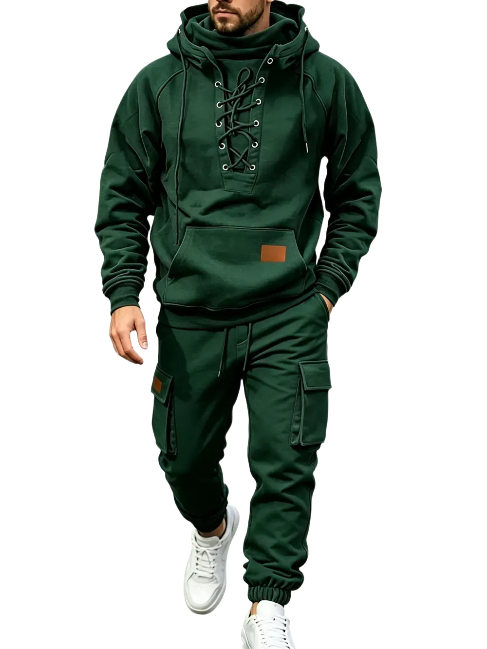 Men's Chest Tie‐Up Hoodie And Multi‐Pocket Ankle‐Cuffed Joggers