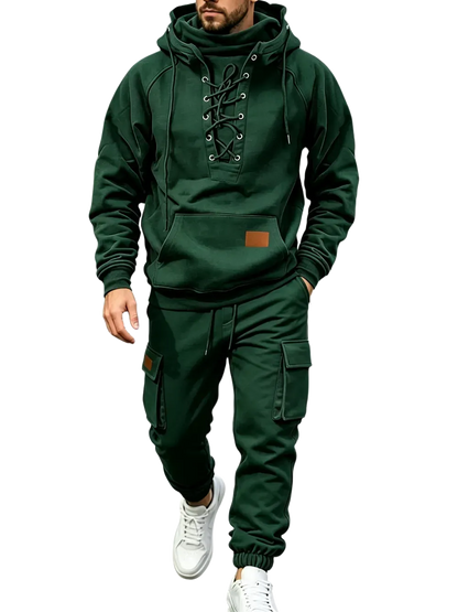 Men's Chest Tie‐Up Hoodie And Multi‐Pocket Ankle‐Cuffed Joggers