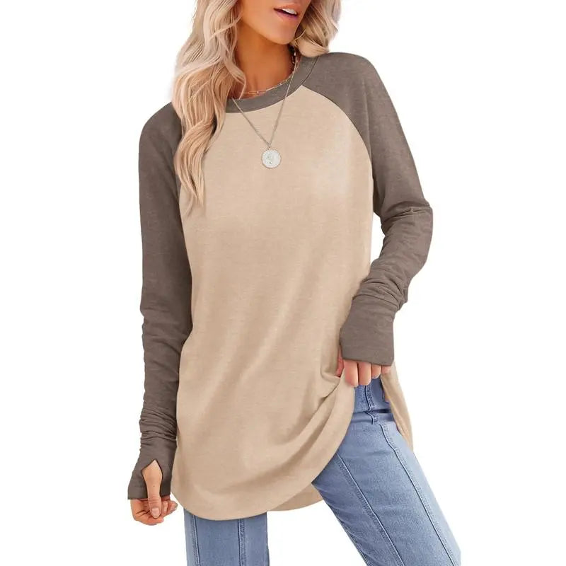 Women's Casual Long Sleeve Tops Crew Neck Round Hem Loose T-Shirts Tunic Tops with Thumb Holes