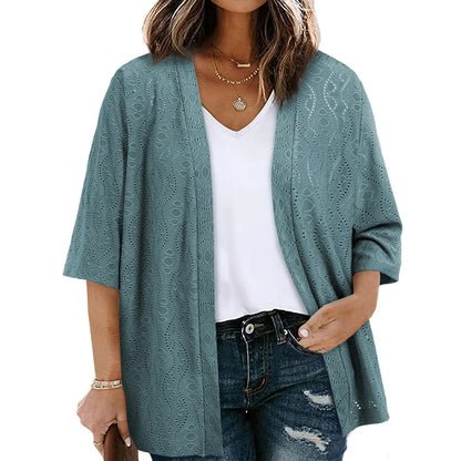 Women's Half Sleeve Jacquard Knit Kimono Cardigan Lightweight Open Front Summer Cover Up