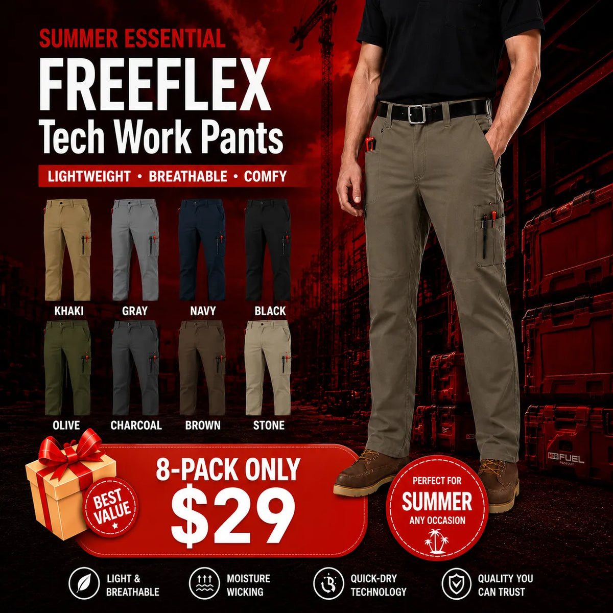 Men's 8-PACK FREEFLEX Tech Work Pants with 7 Pockets