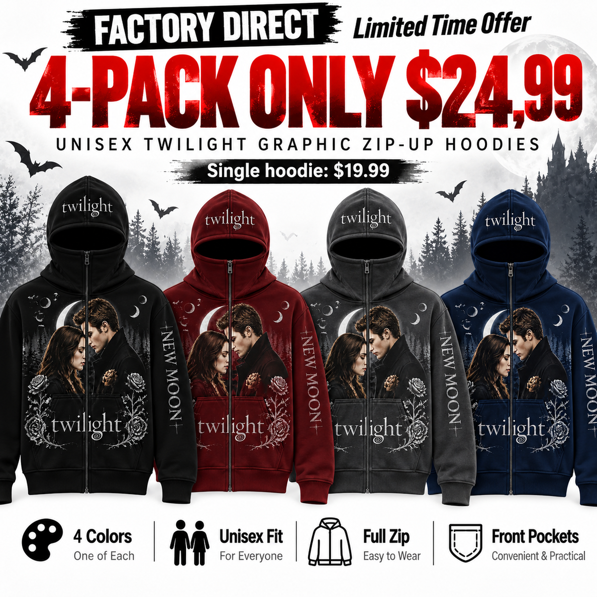 Unisex Graphic Zip-Up Hoodies | 4 Colors for $24.99