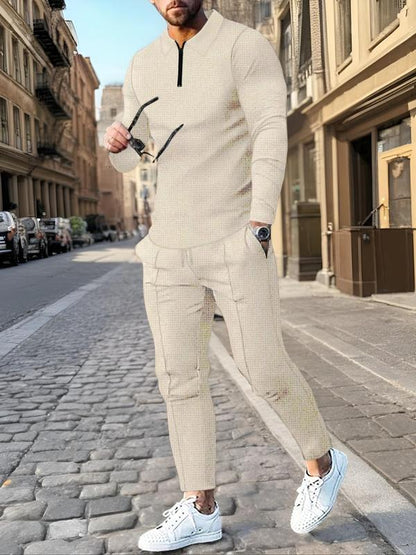 Men's Solid Textured Long Sleeve Polo Shirt & Drawstring Waist Pants Set