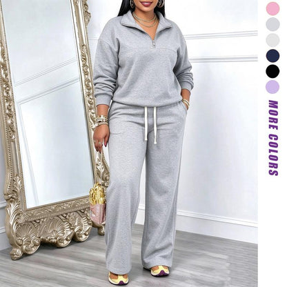 Women's Solid-Color Sweatshirt and Sweatpants Set for Autumn/Winter