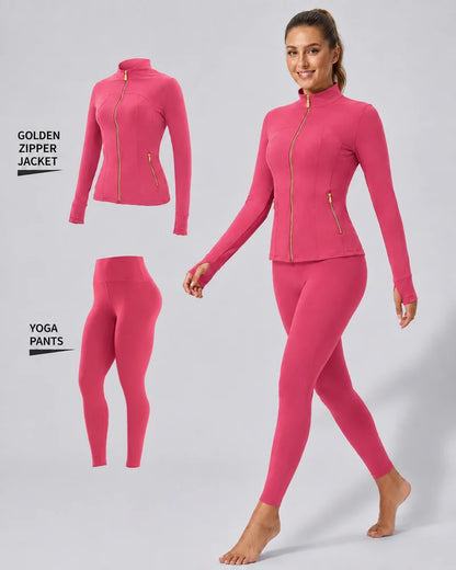 Women's Gold-Color Zip-Up Jacket & Yoga Leggings Set