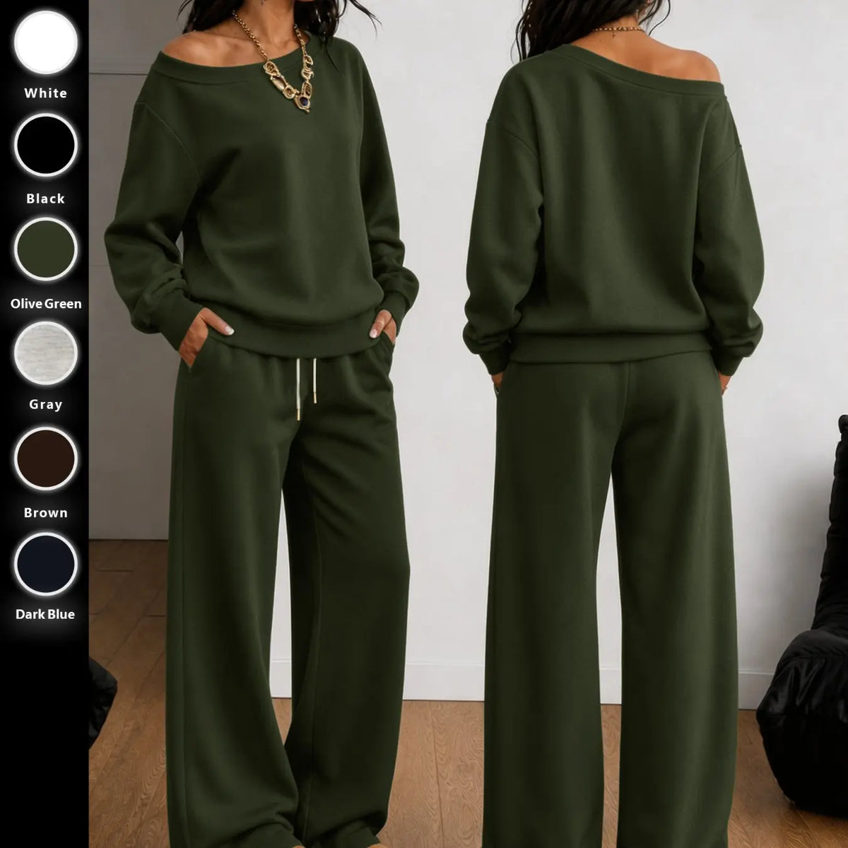 Women's 100% Cotton Two-Piece Set with Asymmetrical Sweatshirt & Wide-Leg Pants