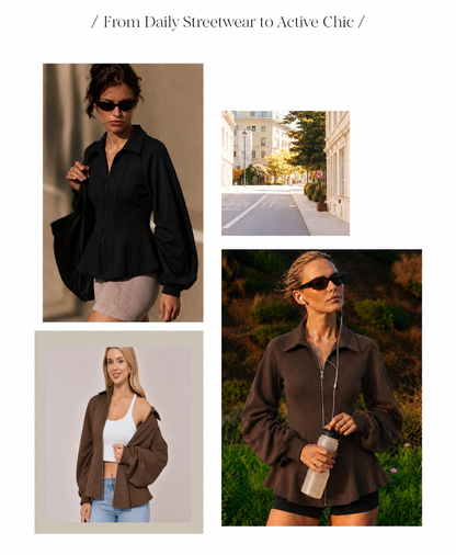 Women's Zip-Front Jacket with Ruched Sleeves and Ruffled Hem