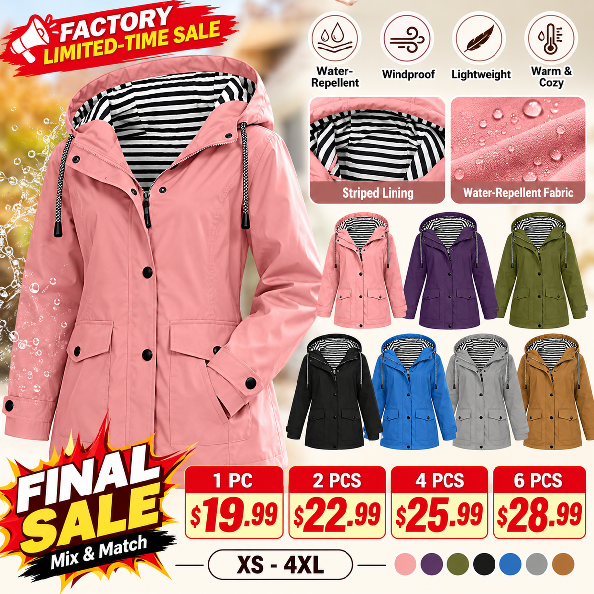 🏭 FACTORY LIMITED-TIME SALE ⚡ FINAL SALE – 4 FOR $25.99! Women's   Waterproof   Hooded Jacket