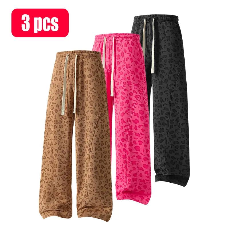 Men's leopard-print casual trousers with side pockets