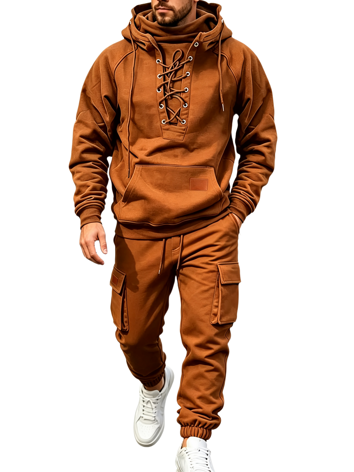 Men's Chest Tie‐Up Hoodie And Multi‐Pocket Ankle‐Cuffed Joggers