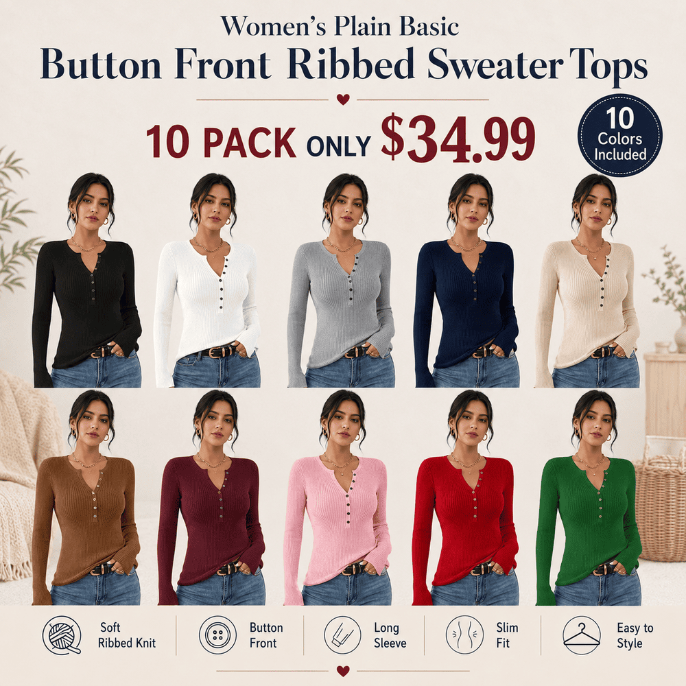 Women's Plain Basic Button Front Ribbed Sweater Tops