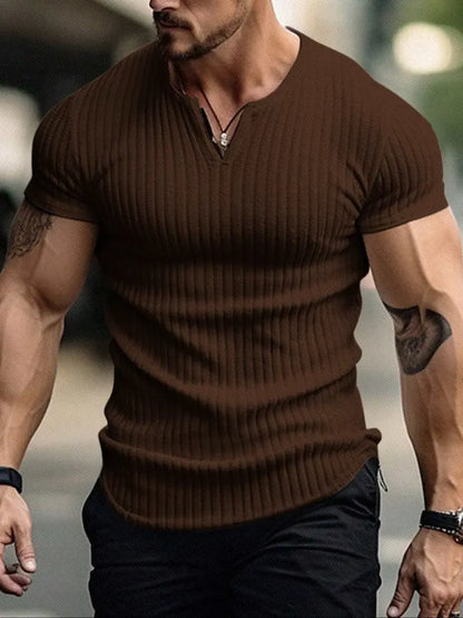Men's Spring/Summer Striped V-Neck Short-Sleeve T-Shirt