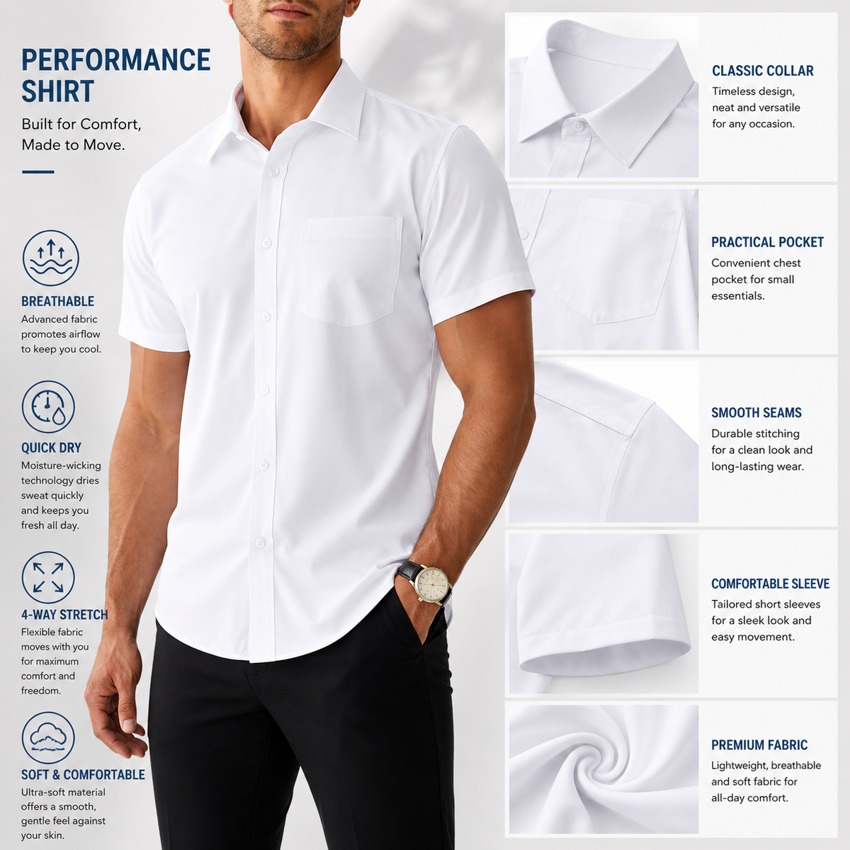 Limited Deal 8-Pack Men's Breathable Quick-Dry Stretch Short Sleeve Button-Front Shirts