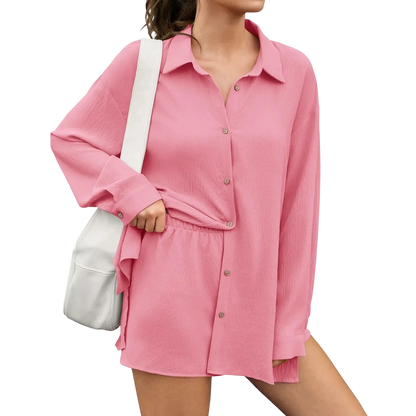 Womens Gauze Shirt & Shorts Set 2-in-1 Button Connected Oversized Long Sleeve Button-Down Top with Attachable Safety Shorts