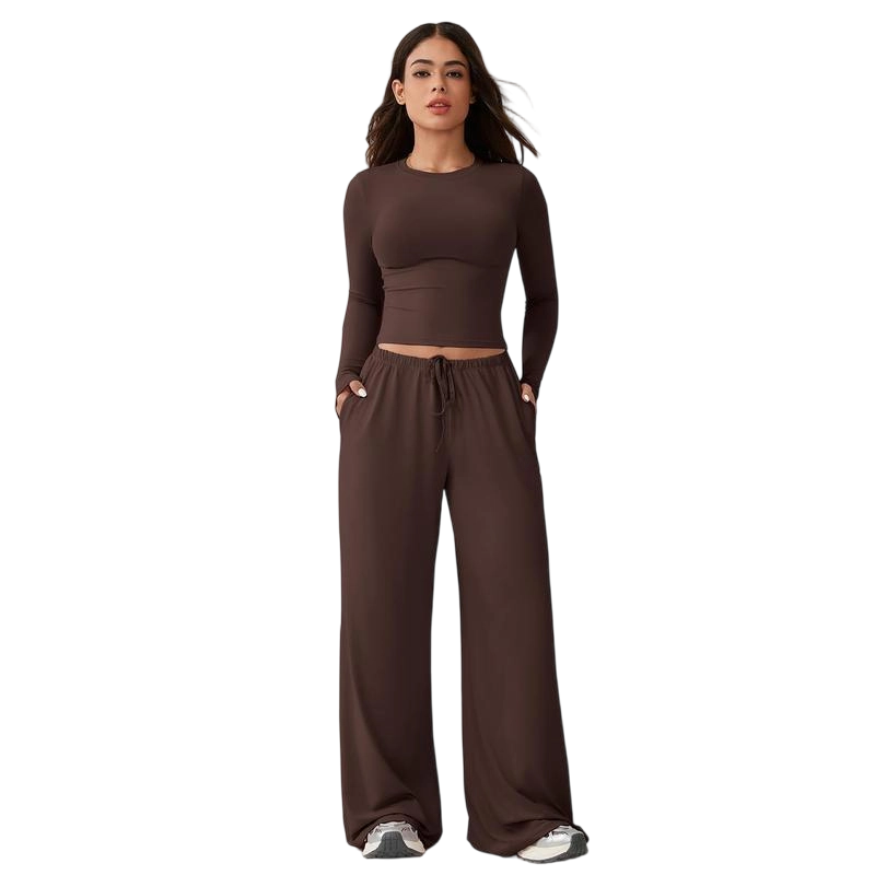 Women's 2-Piece Activewear Set Long-Sleeve Crop Top & Wide-Leg Pants Stretchy Fabric for Yoga