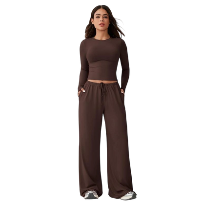 Women's 2-Piece Activewear Set Long-Sleeve Crop Top & Wide-Leg Pants Stretchy Fabric for Yoga