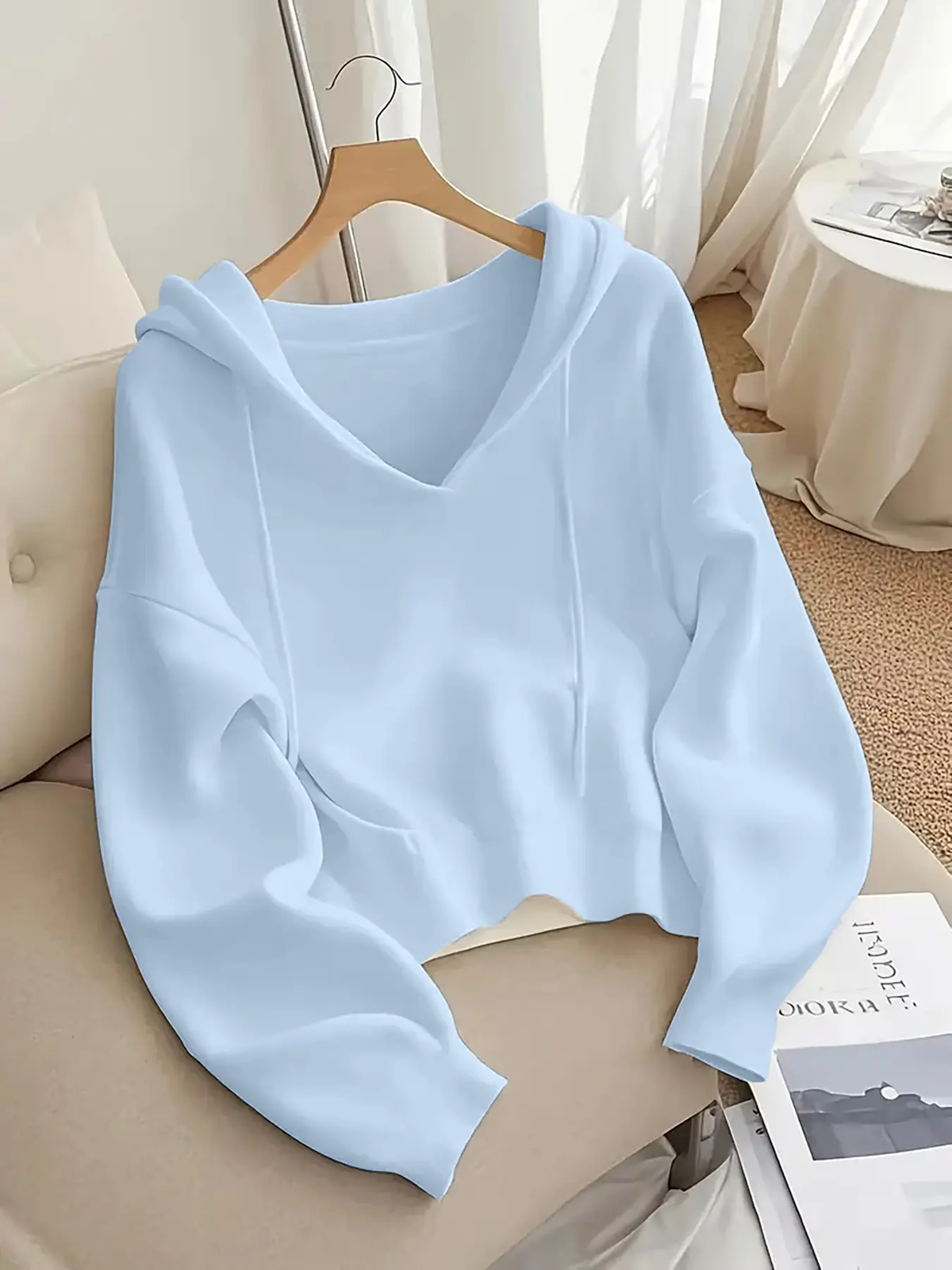 Women's 6-Pack V-Neck Drawstring Hoodie - Loose Fit Soft Knit Pullover, Casual Long Sleeve