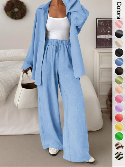 Women's casual athletic-style shirt and pants set—a two-piece ensemble featuring a loose-fitting button-down shirt and wide-leg pants, both comfortable and stylish
