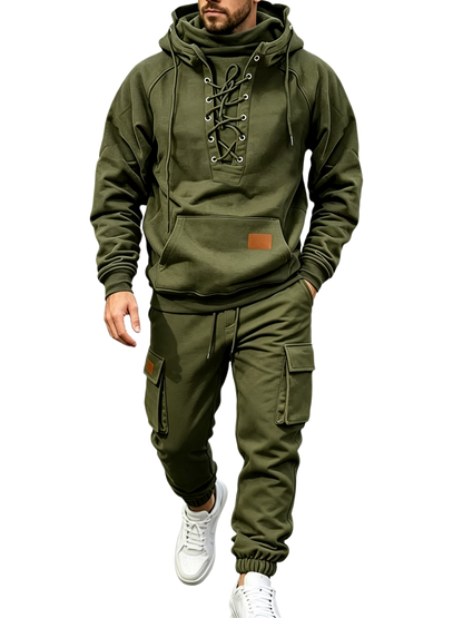 Men's Chest Tie‐Up Hoodie And Multi‐Pocket Ankle‐Cuffed Joggers