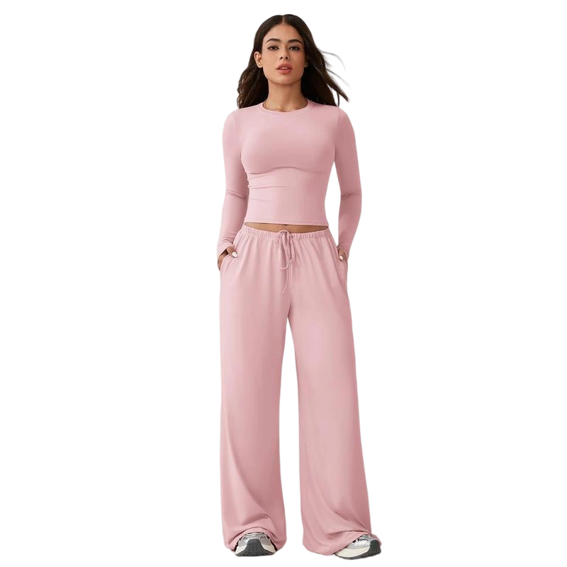 Women's 2-Piece Activewear Set Long-Sleeve Crop Top & Wide-Leg Pants Stretchy Fabric for Yoga