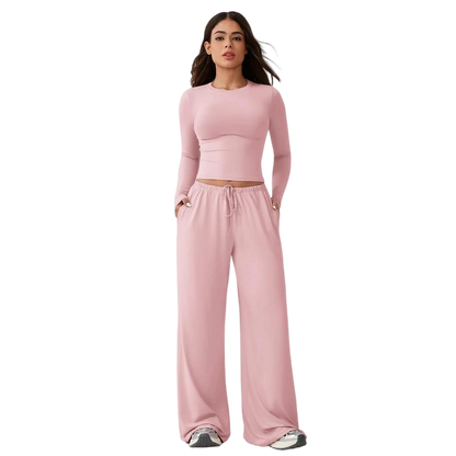 Women's 2-Piece Activewear Set Long-Sleeve Crop Top & Wide-Leg Pants Stretchy Fabric for Yoga