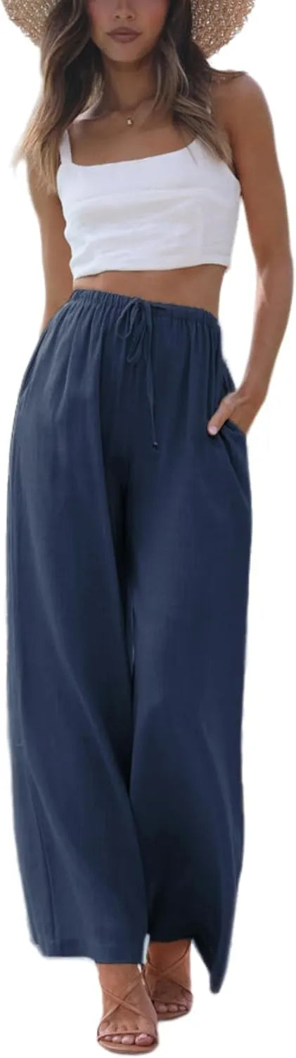 Women's Cotton Linen Summer Palazzo Pants Flowy Wide Leg Beach Trousers with Pockets