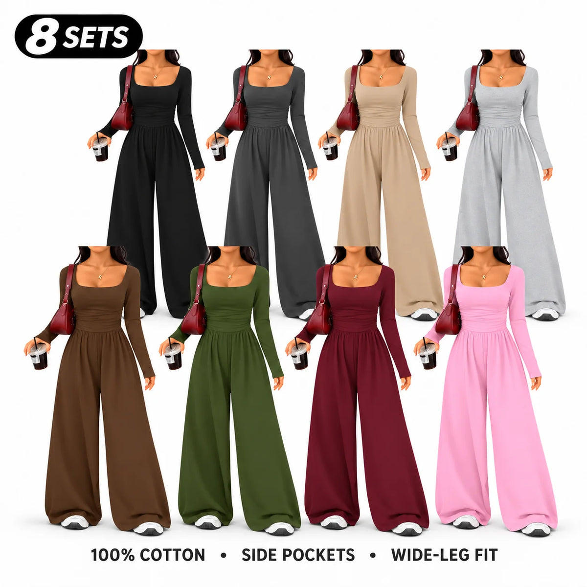 Women's 100% Cotton Long Sleeve Knit Wide-Leg Jumpsuit with Pockets