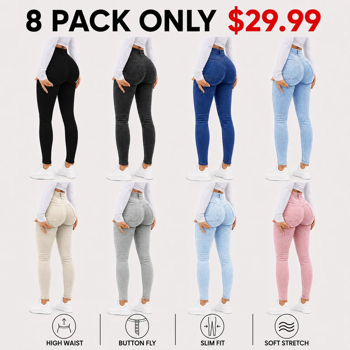 Women's 100% Cotton Elegant High-Waist Slim-Fit Button Fly Jeans