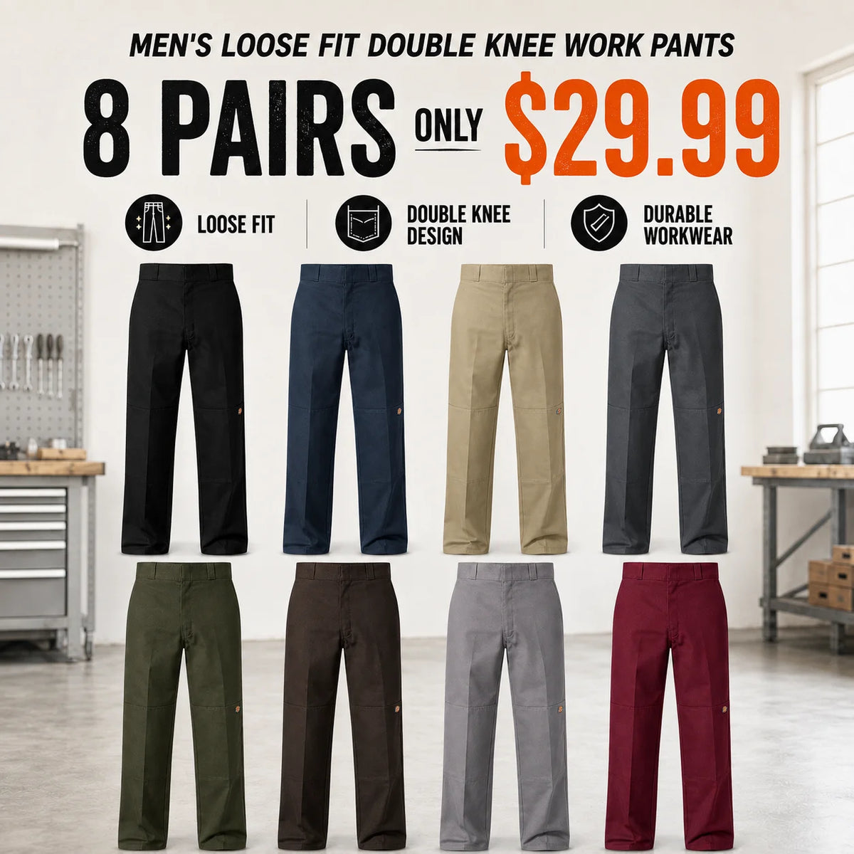 Men's Loose Fit Double Knee Work Pants