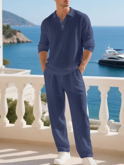 Men's Natural Linen Casual Set, Polo Neck Shirt & Loose Long Pants