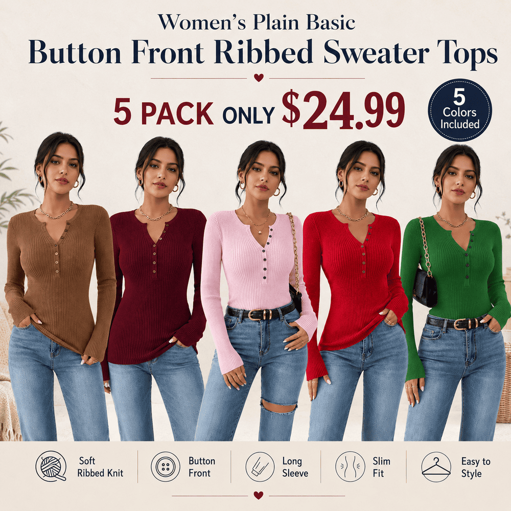 Women's Plain Basic Button Front Ribbed Sweater Tops