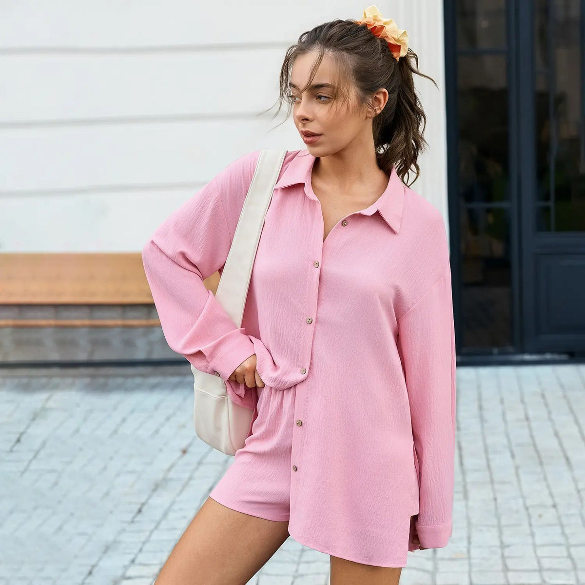 Womens Gauze Shirt & Shorts Set 2-in-1 Button Connected Oversized Long Sleeve Button-Down Top with Attachable Safety Shorts