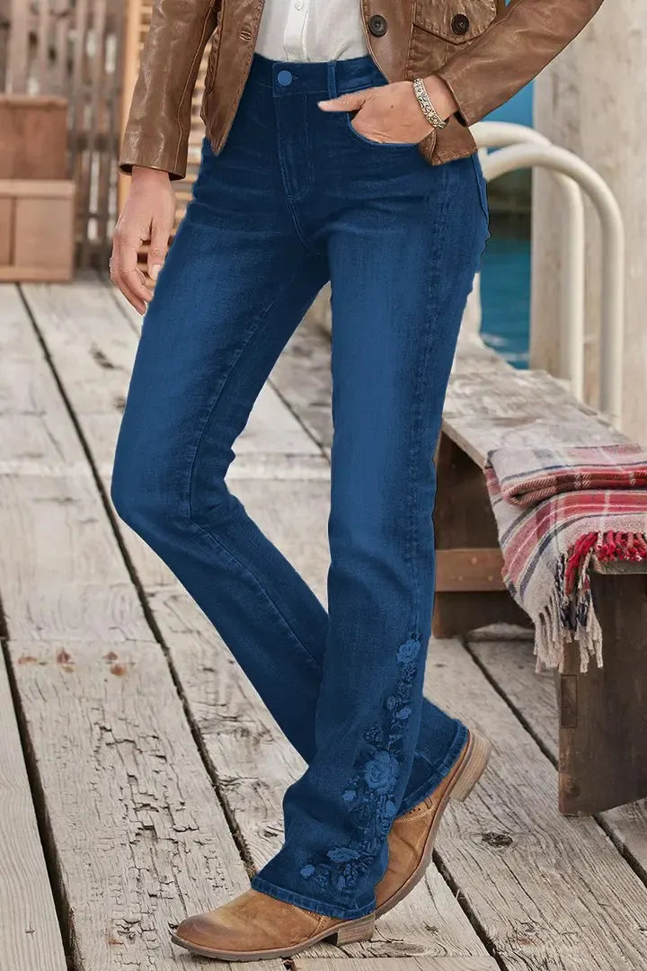 Mid-waist bootcut jeans with floral embroidery