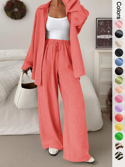 Women's casual athletic-style shirt and pants set—a two-piece ensemble featuring a loose-fitting button-down shirt and wide-leg pants, both comfortable and stylish