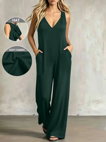 Plus-size women's V-neck jumpsuit featuring pockets and a casual strap design.