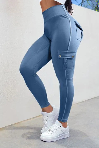 Solid Flap Pocket High Waist Sports Leggings
