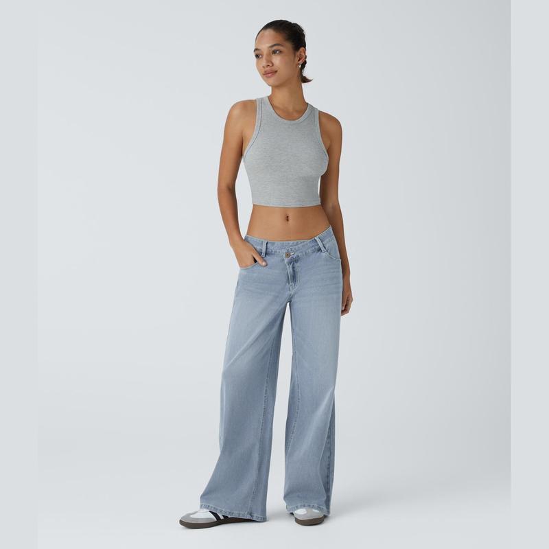 Asymmetric Low Rise Zipper Pockets Baggy Wide Leg Washed Casual Jeans