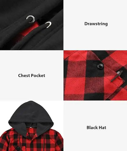 Men's Flannel Plaid Hooded Drawstring Jacket with Pockets